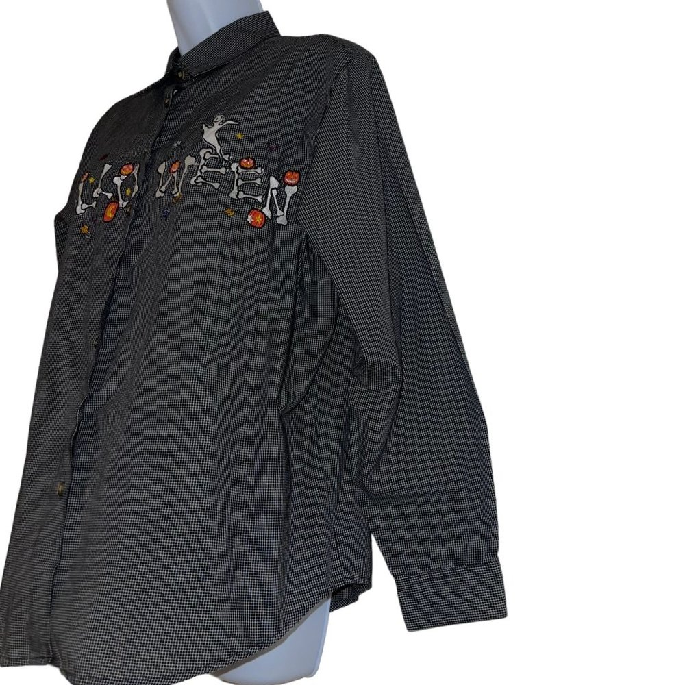 Vintage Karen Scott Halloween Bones Shirt Womens M Gothic Bones Ghost Check - Picture 5 of 9